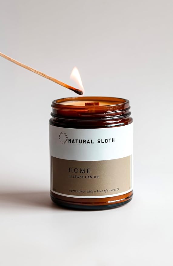 Home Natural Sloth 9 oz Beeswax Candle with Pure Essential Oils, Non-Toxic, Made Safe® Certified, Wooden Wick, Clean Burning (Home)