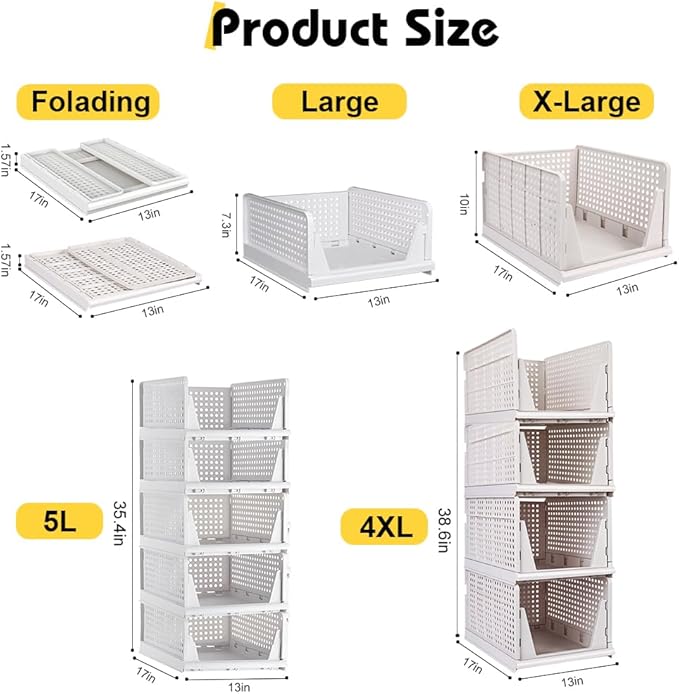yazi 4XL Stackable Plastic Storage Basket, 4 Packs closet storage bins for clothes sweater organizer for closet Folding closet organizers