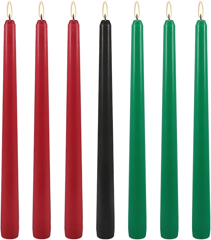 Kwanzaa Taper Candles, 3 Red,3 Green and 1 Black, 10 Inch Smokeless and Dripless Tall Candlestick, 8-8.5 Hour Long Burning time,African Holiday Mishumbaa Saba