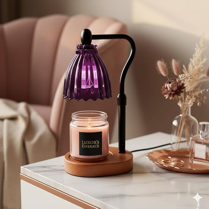 Purple Candle Warmer Lamp with Timer - Valentine Gift for Her, Modern Vintage Dark Academia, Dimmable, Adjustable, Genuine Wood Base, Spare Bulb, Cottagecore Boho Decor, Romantic Gift for Women
