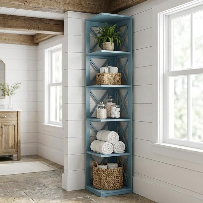 Furnifact Sea Foam 5-Tier Corner Bookcase with Durable Non Lead Base Paint Ideal for Living Room, Office, Commercial Spaces