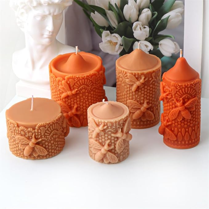Bee Lace Trim Cylinder Candle Mold, Honeybee Beehive Pillar Silicone Mold for Beeswax Candle, Soy Wax Candle, Plaster Ornament, DIY Crafts (G)