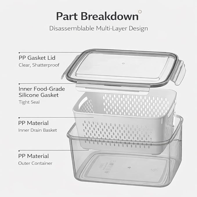 QUROXO 4 in 1 Food Storage Container-3 Piece Set, Household Transparent Plastic Food Storage Box with Lids, Food Fruit Storage Containers for Fridge with Drain Basket (Gray)