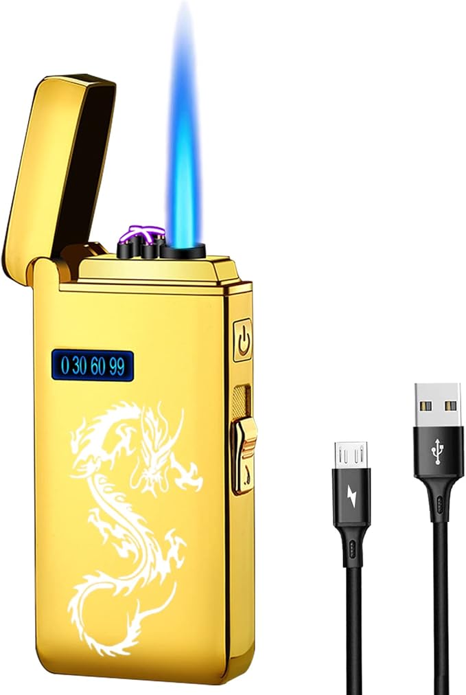 Gold Dragon Arc Lighter - Jet Flame Torch, USB Rechargeable with Battery Indicator, Windproof, Refillable Butane, 2 in 1 Electric Lighter