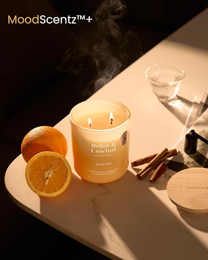 M&SENSE Mandarin Vanilla Candle for Home Scented, 14.1oz Non Toxic 80-Hour Long-Lasting Natural Soy Wax Highly Citrus Scent Aromatherapy Candle for Relaxing Stress Relief & Housewarming
