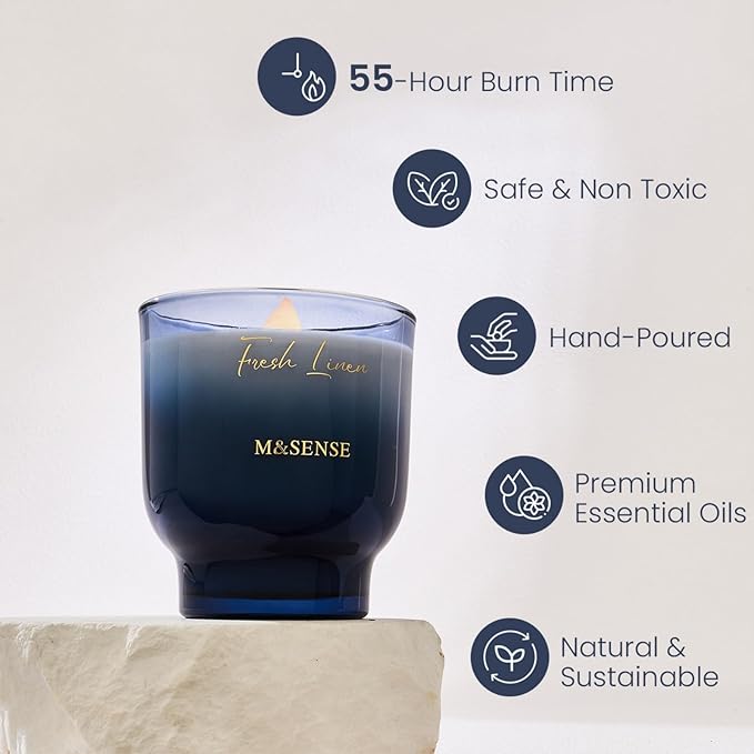 M&SENSE 9.88oz Natural Soy Wax Jar Candle with Wooden Wick | Fresh Linen Scent | 55-Hour Burn & Long-Lasting Burn | Housewarming Gift for Men and Women