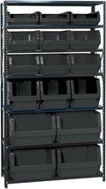 Quantum MSU-16-MIXBK Heavy-Duty Magnum Steel Shelving Storage Rack for Healthcare | (7) Shelves; (4) QMS543 (3) QMS533 (6) QMS532 and (3) QMS531 Black Bins | 42"W x 18"D x 75"H, Gray, Carbon Steel