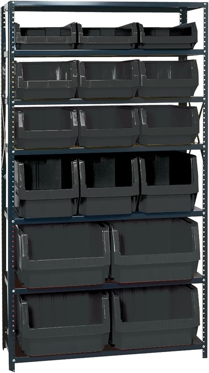 Quantum MSU-16-MIXBK Heavy-Duty Magnum Steel Shelving Storage Rack for Healthcare | (7) Shelves; (4) QMS543 (3) QMS533 (6) QMS532 and (3) QMS531 Black Bins | 42"W x 18"D x 75"H, Gray, Carbon Steel