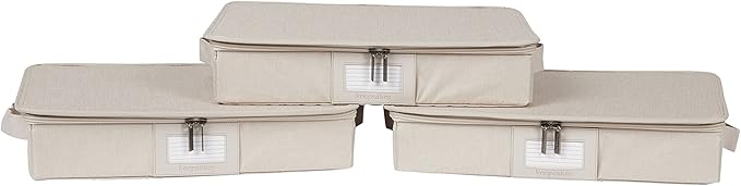Covermates Keepsakes Zip-Top Storage Box Set, 3 Pack Heavy Duty Polyester Organizer Bins, Stackable Design, ID Window, Reinforced Handles, Closet Home Storage, Beige Heather