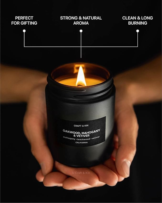 Craft & Kin Premium Oakwood, Mahogany & Vetiver Candle | Black Scented Candles for Men | Long Lasting with 45 Hour Burn Time, 7.6oz | Soy Candles | Aromatherapy at Home
