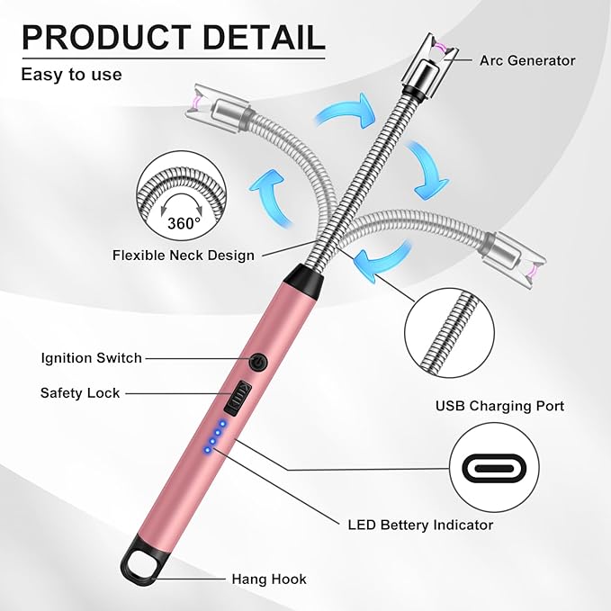 Upgraded 2 Pack Electric Candle Lighter with 360° Flexible Neck & Safety Lock, Windproof USB Rechargeable Flameless Arc Long Lighters for Grill, BBQ, Camping, Fireplace, Stove (Rose Gold & Silver)