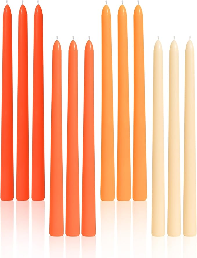 Viyffo Taper Candles, 12 Inch, 12 Pack, Orange – Unscented, Smokeless Design, Up to 8-Hour Burn – Tall Candlesticks for Table Decor, Weddings & Dinners
