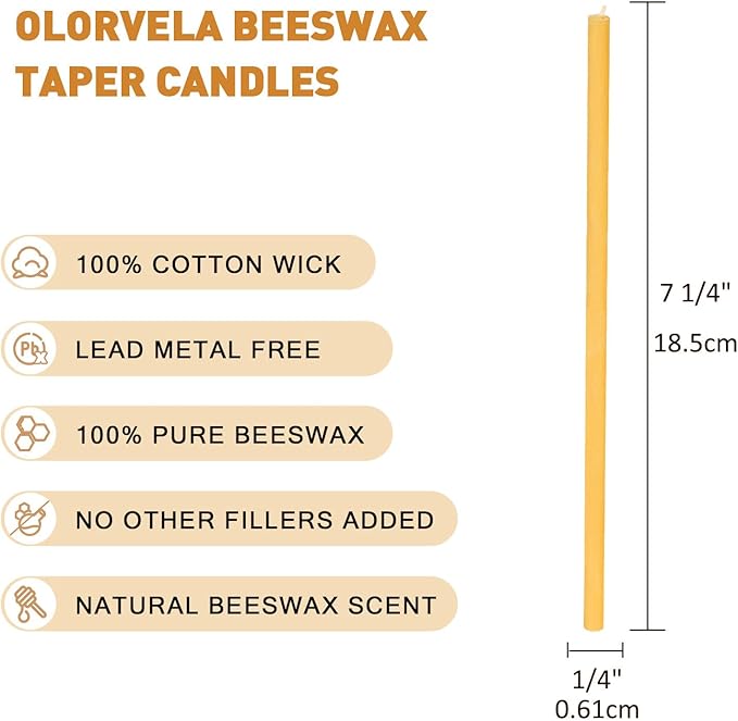 Pure Beeswax Candles, 7.3" Decorative Thin Taper Candles,Honey Scented, Dripless, Smokeless, 40min Burn Time for Birthday, Dinner, Prayer, Church, Hanukkah, Christmas (Yellow, 50 pcs)