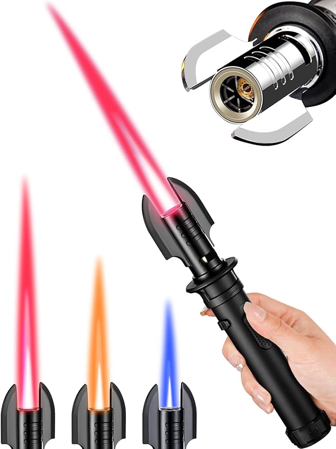 Torch Lighter, Refillable Butane Jet Flame Lighter with Adjustable Flame & Safety Lock, Windproof Gas Torch for Camping, BBQ, Fireplace, Candles, Cooking, Fireworks (Butane Not Included) (Black)