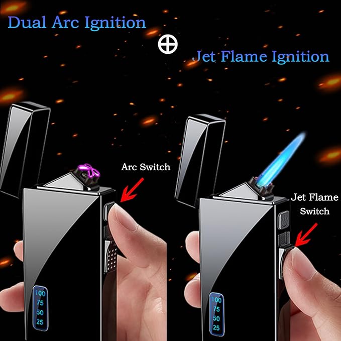 Torch Lighter, Dual Arc Lighter and Jet Flame Torch Lighter 2 in 1，USB Rechargeable Electric Lighter with Battery Indicator, Refillable Butane Windproof Infinity Lighter (Without Butane)-Good Luck