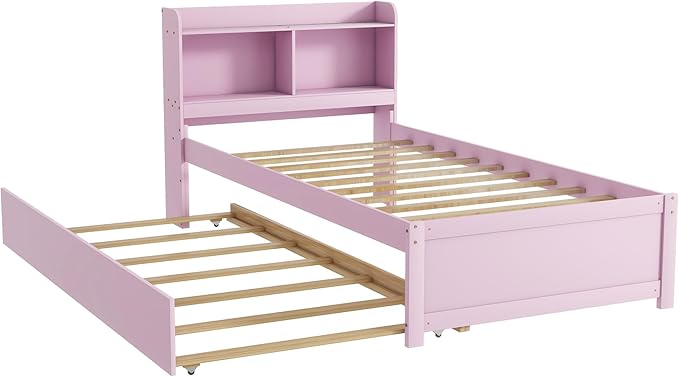 Harper & Bright Designs Twin Size Platform Bed with Bookcase Headboard and Trundle, Wooden Twin Platform Bed Frame with Bookself for Kids Girls Boys, Pink
