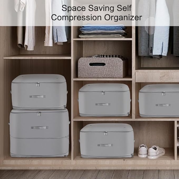 Space Saving Self Compression Organizer,Compression Storage Bags for Bedding and travel,Storage bags for Blankets Duvet Quilts Pillows, Comforter Storage with zippered ventilation holes（Grey XL）