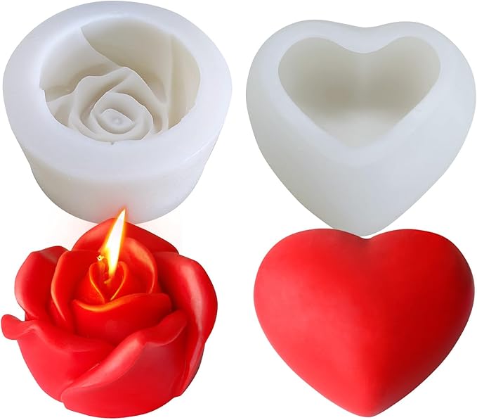 3D Rose & Heart Candle Molds, 2 Pcs Silicone Candle Molds for Candle Making,DIY Handmade Soaps, Flower Ice Cubes, Heart Chocolate, Valentine's Day Gift (Rose&Heart)