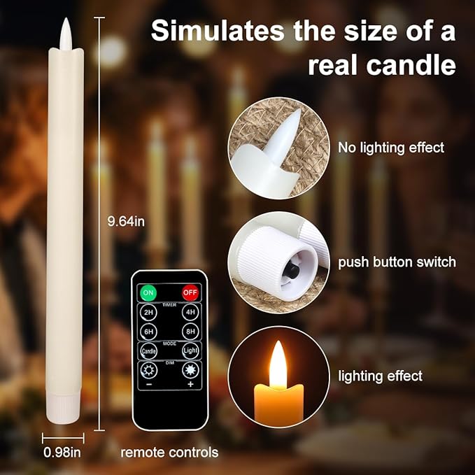 Battery Operated Flameless Ivory Taper Candles Flickering–Set of 6, Realistic 3D Wick Flickering LED Taper Candle Set,USB-Rechargeable, Remote & Timer, Ideal for Living Room, Bedroom & Easter Décor