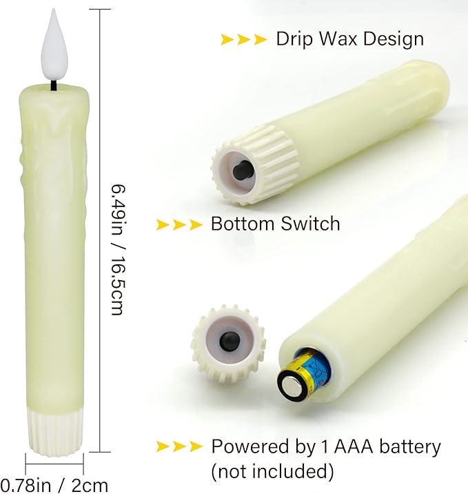 PChero Real Wax LED Flameless Taper Candles with Remote Timer, 6.4 Inch Ivory LED Candlesticks Battery Operated with 3D Flickering Flame for Christmas Window Halloween Wedding Party Home Decor