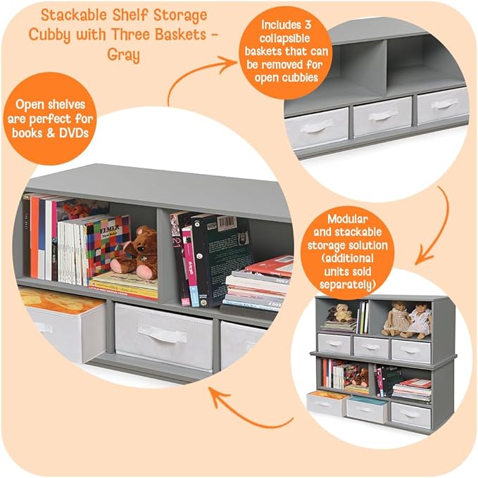 Badger Basket Stackable Toy Storage Organizer - 5-Shelf Modular Unit with 3 Removable Fabric Bins, Solid Panel Construction, Expandable Design for Toys and Crafts - Gray