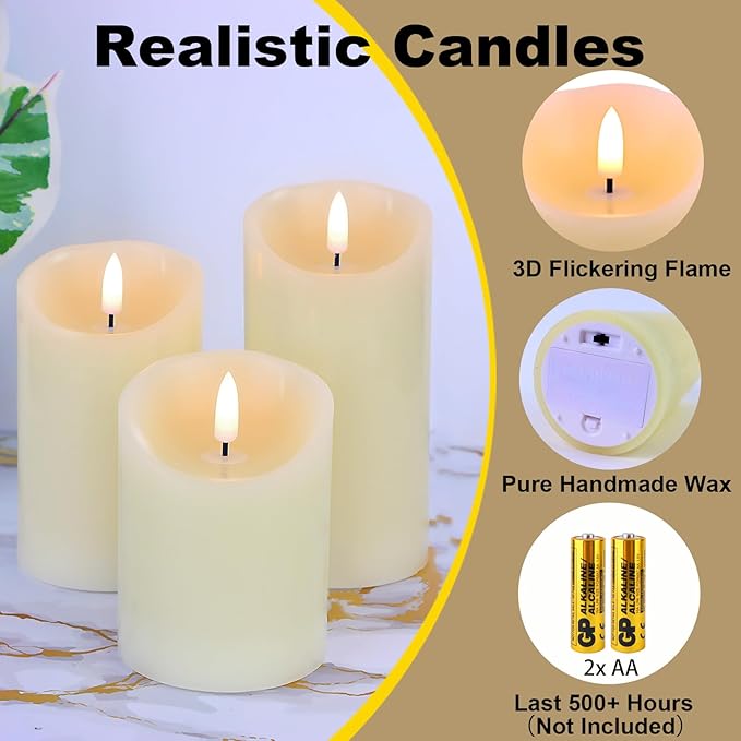 Flameless Candles Battery Operated with Remote Timer, 3D Flame Flickering, Last 500+ Hours Battery Candles, Ivory Real Wax LED Pillar Candle for Wedding Home Christmas Decorations, Set of 3