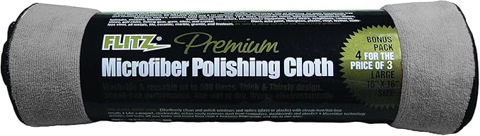Flitz Premium Microfiber Polishing Cloth (400 GSM) - 16" x 16" USA-Made Grey Lint Free Microfiber Cleaning Cloth - Washable and Ultra Absorbent Micro Fiber Towel for Cars, Metals, & More (4 Pack)