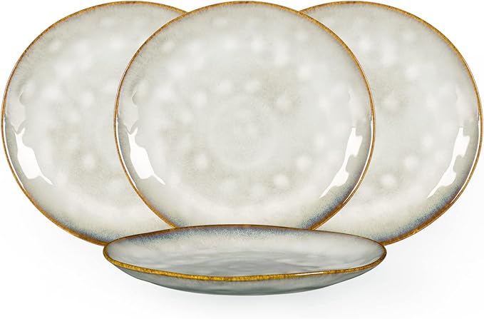 Henten Home Ceramic Dessert Plates, 8.5 Inch Salad Plate Set of 4, Porcelain Snack Serving Dishes for Cake, Kitchen, Microwave & Dishwasher Safe, Reactive Glaze (White)