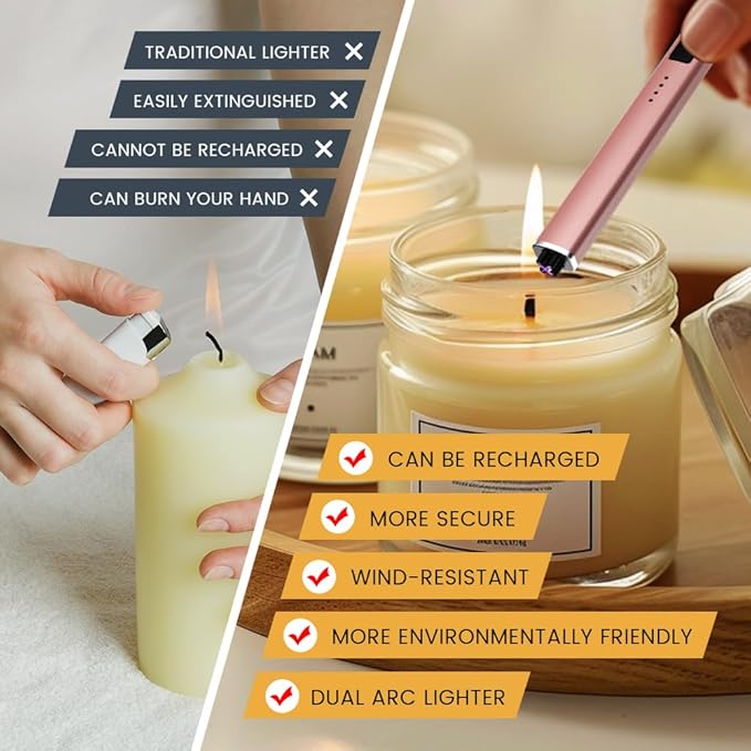 Dual Arc,Windproof Flameless Long Candle Lighter Type-C USB Rechargeable Lighter for Candles, BBQ and Fireworks