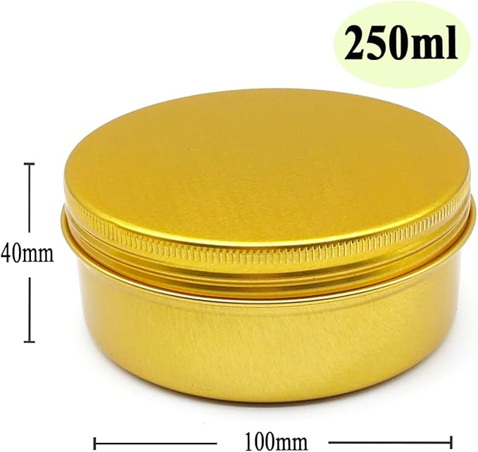 4pcs 250ml Round Lip Balm Tin Cans, 250 Gram Aluminum Tins Gold Cosmetic Sample Containers with Screw Lid, 250g Metal Empty Storage Travel Jars for Salves, Lip Balms, Face Cream, Candle, Tea