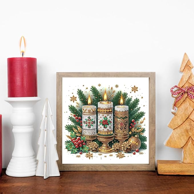 5D Christmas Candles Special Shape Diamond Art Kits for Beginners, Christmas Winter Theme Diamonds Painting Kits for Adults,DIY Crystal Rhinestones Diamond Paintings for Home Wall Decor 12×12Inch