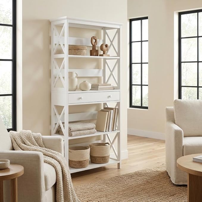 Furnifact White 5 Tier Bookcase with Drawer, Durable Particle Board, Non-Lead Base Paint Finish, Spacious Shelves, Modern Home Office Storage