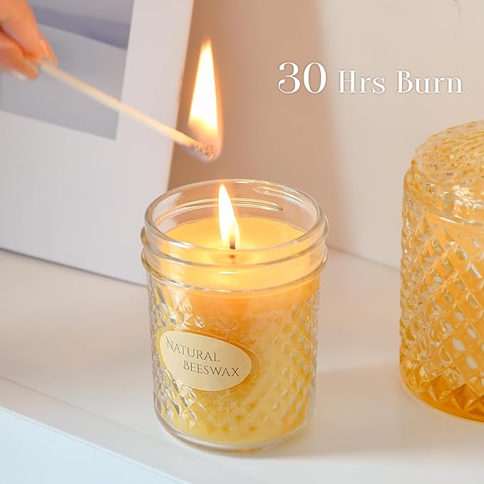 DEYBBY 2 Pack 5oz Beeswax Jar Candles Set - Beeswax Candles Gift - Handpour Candles with Natural Honey Scent, Each 26 Hrs Burn