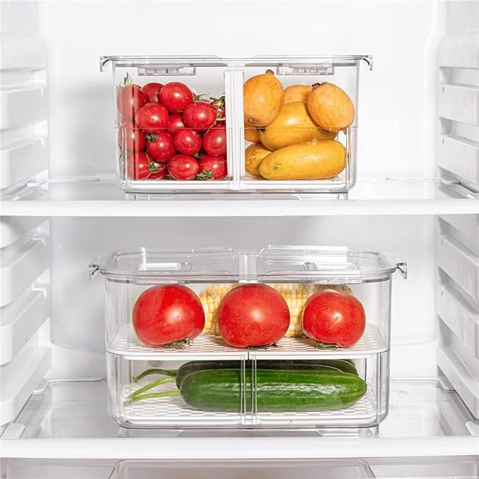 Slideep Food Storage Containers Fridge Produce Saver, Stackable Refrigerator Organizer Keeper Foldable lid with Removable Drain Tray for Produce, Fruits, Vegetables 2800 ml - 2 Pack
