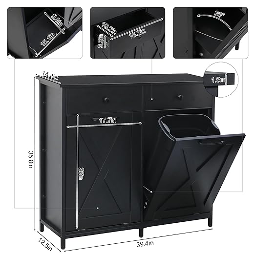 Clevich Double Tilt Out Trash Cabinet 20 Gal, Kitchen Wooden Recycling Holder With Drawers & Tabletop, Dog-Proof Bin, Trash Bins NOT Included (Black)