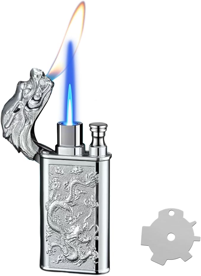 Torch Lighter, Relief Dragon Design Magic Dual Flame Lighter with Adjusting Flame Tool, Creative Windproof Lighters, Cool Jet Flames Refillable Butane Lighters for Outdoor Indoor-Silver Dragon