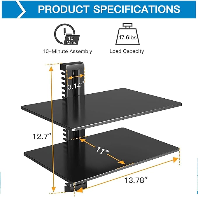 PERLESMITH Floating AV Shelf Double Wall Mount TV Shelf - Holds up to 17.6lbs - DVD DVR Component - Perfect for Xbox, Projector, WiFi Router, Game Console and Cable Box, PSDSK2