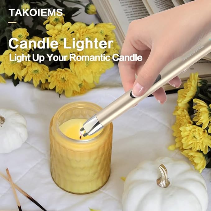 Candle Lighter, Electric USB Lighter with Upgraded LED Display Safety Switch, Rechargeable Flameless Windproof, Gold