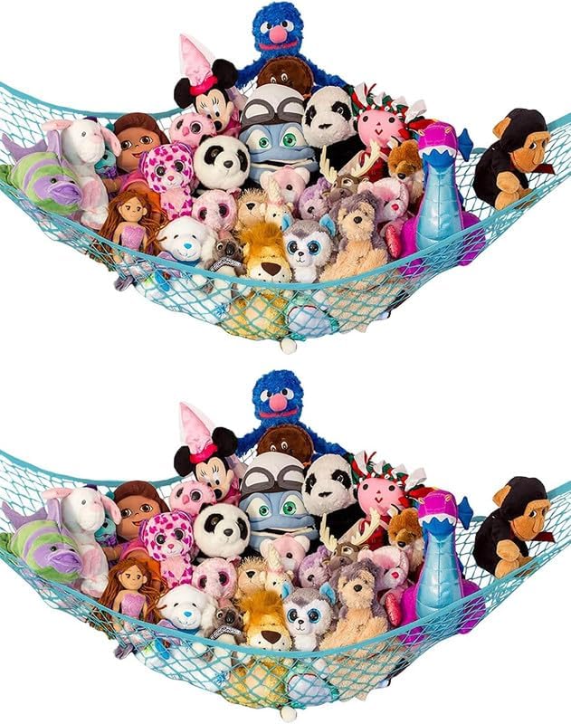 Lilly's Love Large Stuffed Animal Hammock | Corner Hanging Organizer, Toy Storage, Stuffed Animal Storage Net | Made from Quality Fishing Net, Holds 12lbs | 79"x63"x63" (Light Blue, 2 Pack)