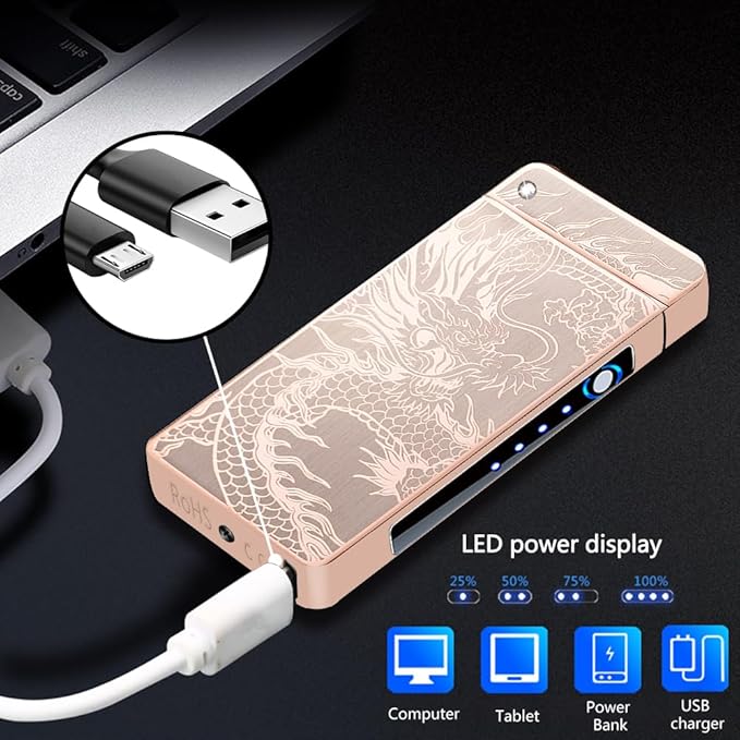 BABOBIU Dragon Lighter Unique Lighter Rechargeable Lighters Windproof Lighters Metal Body Battery Display Big Arc Flame Push Button Fast Charging for Candles Incense Gifts Husband (Golden Dragon)