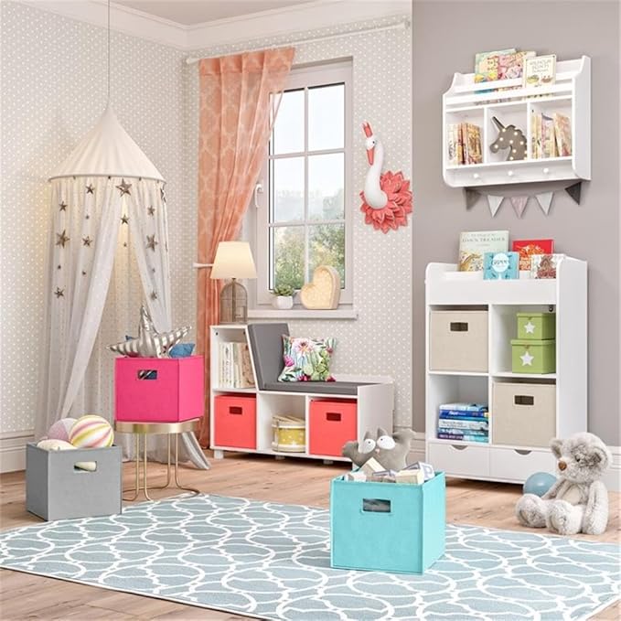 RiverRidge Home Bookshelf for Kids Toy Storage Cabinet with Cubbies Book Nook Area- 4 Cubbies, 2-Slot Bookrack, 2 Drawers & Hooks for Kids Toys, Games & Book Storage Fits RiverRidge Folding Cubby Bins