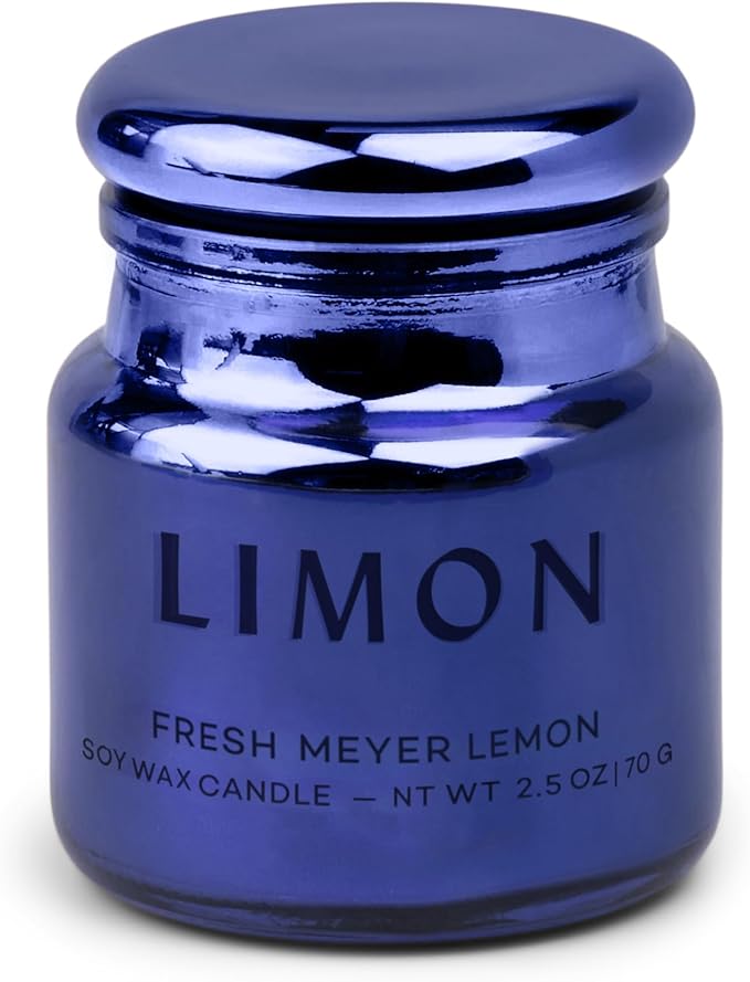 Paddywax Chroma Scented Candle with Lid in Reusable Metallic Etched Glass Jar, Clean- Burn Soy Candle with Approx. 14 Hour Burn Time, Cobalt – Limon, Fresh Meyer Lemon, 2.5 oz