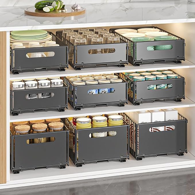 YunNasi Pull Out Cabinet Organizer Slide Out Drawer Storage Shelves Cupboard Organiser Sliding Cabinet Basket for Kitchen No Drilling and Nailing (Black, 2Piece 9.8" W X 15" D X 3.9" H)