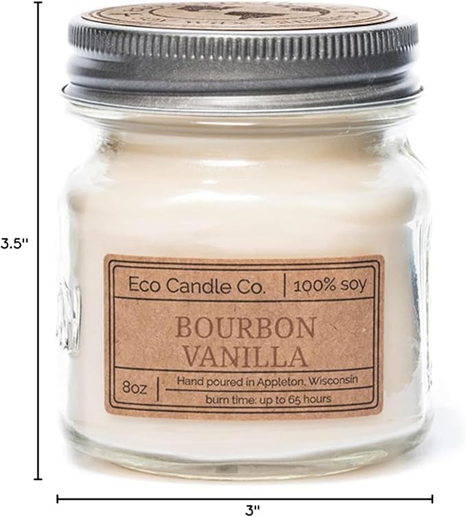 Eco Candle Co. Mason Jar Candle, Bourbon Vanilla, 8 oz. - Scents of Bourbon, Vanilla, Tonka Bean, Cedarwood, & Cardamom - 100% Soy Wax, Kraft Label & Antiqued Pewter Lid, Hand Made, Midwest Soybeans