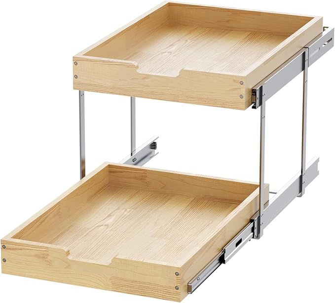 Sikarou Wood Pull Out Cabinet Organizer 2 Tie 14" W x 21" D, Heavy-Duty Sliding Drawers for Inside Cabinets Storage and Organization for Kitchen, Pantry, Bathroom
