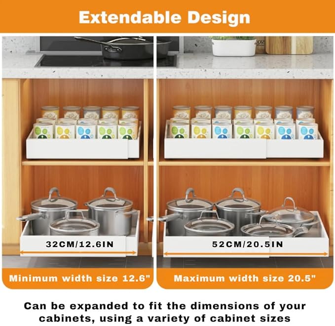 Pull out Cabinet Organizer, Slide out Drawers for Kitchen Cabinets, Adhesive Nano Film, No Drill Install, DIY - adjustable - Expandable - Kitchen accessories – Home Essentials (12.6"~20.5") 1PC