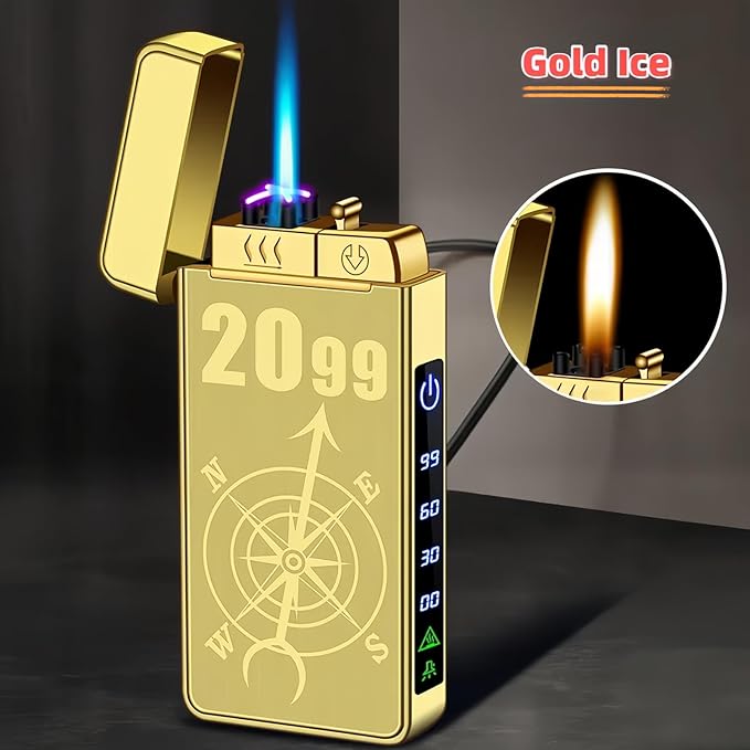 Torch Lighter, Butane Torch Soft Flame Plasma Dual Arc 3-in-1 Lighter, USB Rechargeable Electric Lighters with Flashlight, Windproof Refillable Lighters (Without Fuel) (Gold Ice)