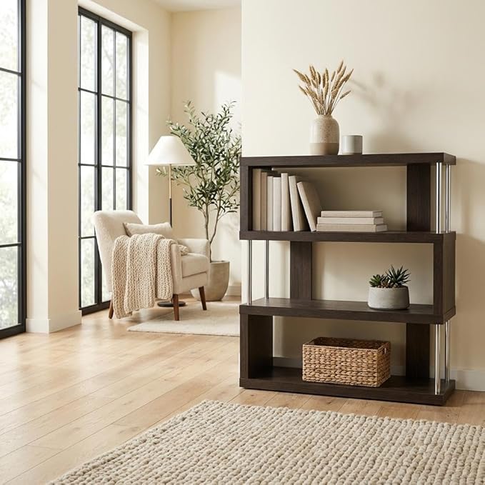 Furnifact Dark Brown Three-Shelf Modern Bookcase with Engineered Wood and Steel Construction, Transitional Style, Stylish Storage Solution