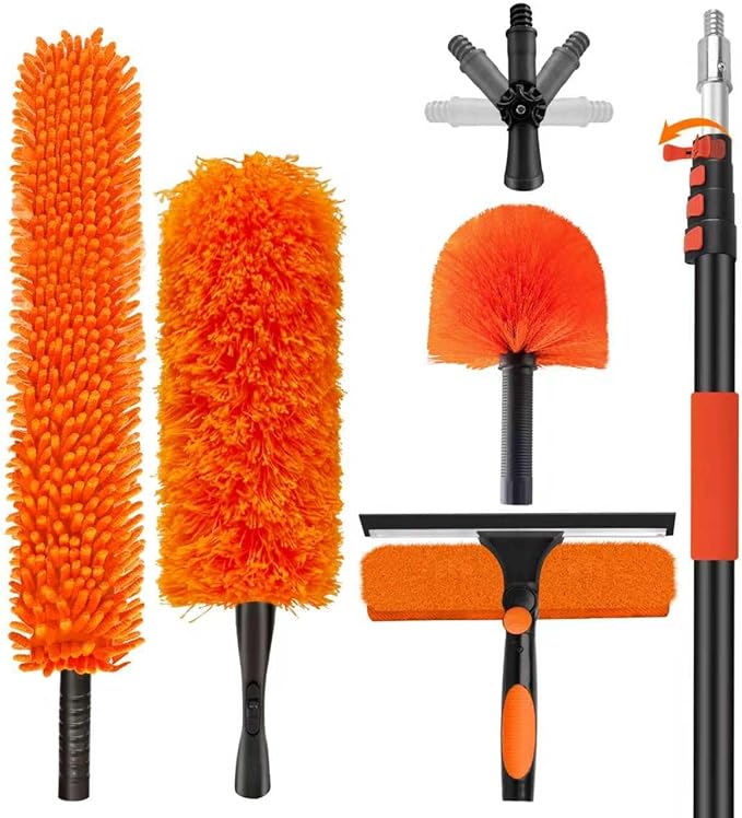 26FT High Reach Duster Cleaning Kit with 20FT Pole | 4-in-1 Tool Set with Universal Swivel Joint | High Ceiling Fan Cleaner, Microfiber Duster & Window Squeegee for Safe High-Reach Cleaning