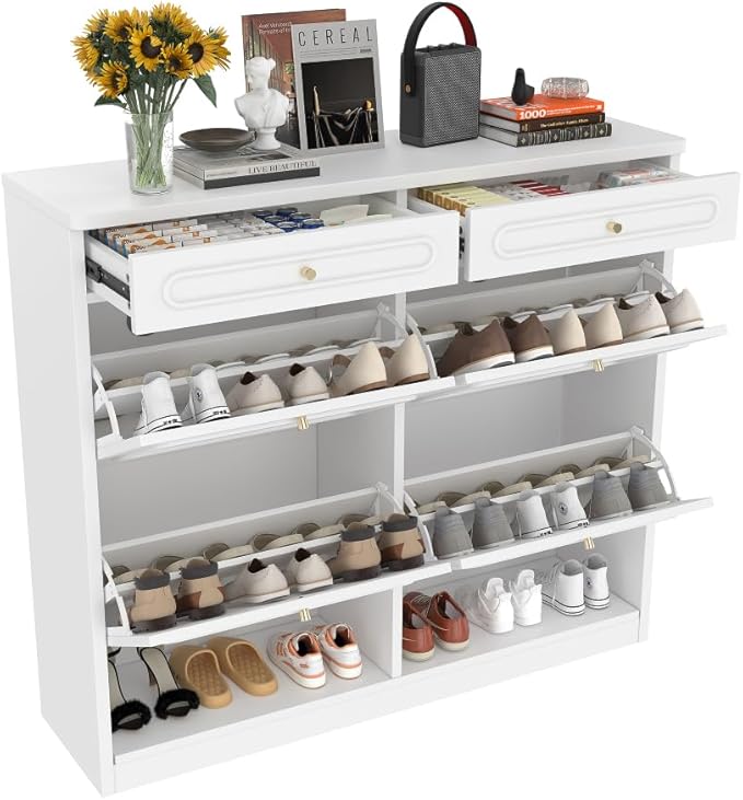 Wooden Shoe Cabinet with 4 Flip Drawers 2 Storage Drawers Farmhouse Style Shoe Organizer for Classified Storage Black (Light White)